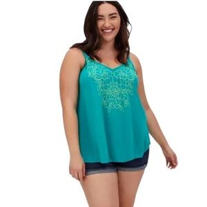 Torrid Tank Top Embroidered Floral Casual Green‎ Gauzy Size 0 Large